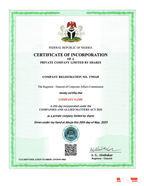 Nigeria certificate of incorporation Word and PDF template